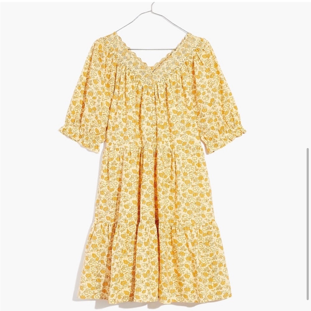 Madewell Women’s Eyelet Trim Tiered Mini Dress Gold Piccola Floral Puff Sleeve S - Picture 3 of 14